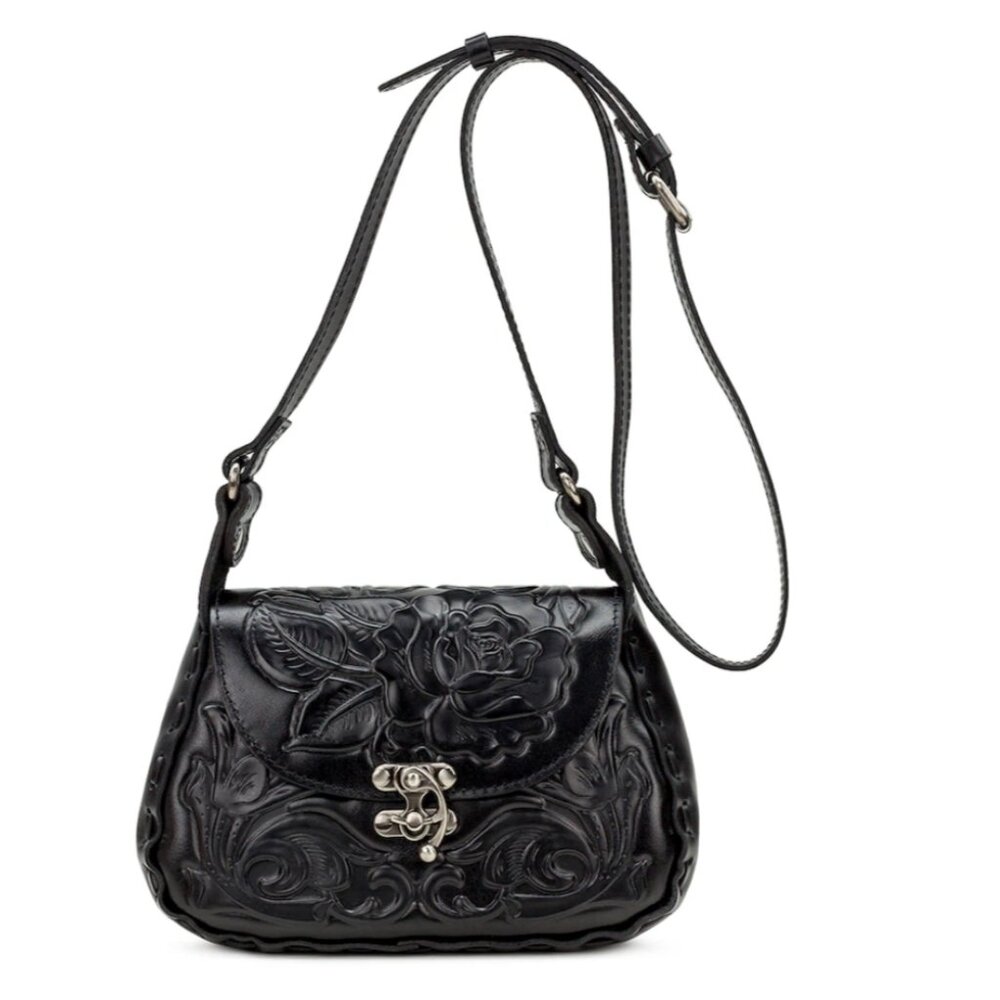 Patricia Nash Rose Tooled Lucia Floral Leather Shoulder Crossbody Handbag Black